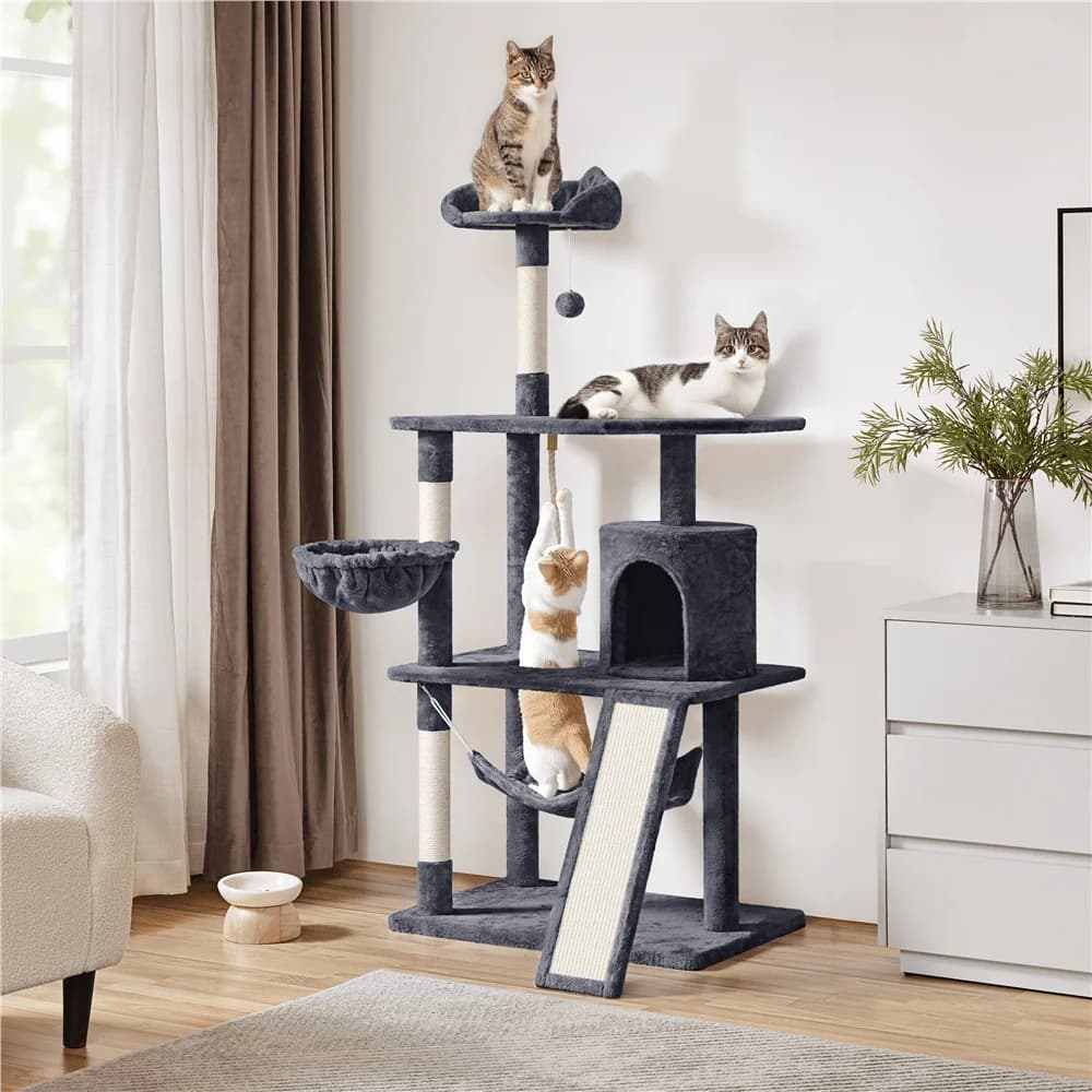 Albero per gatti multilivello con casetta, cuscino, amaca, pali in sisal, palla sospesa, torre per gatti in peluche, kit anti-ribaltamento e protezione