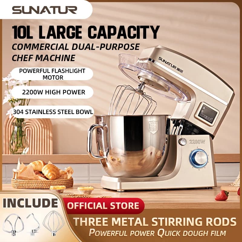 SUNATUR Impastatrice Planetaria 10L 2200W con Funzione Impasto, Frullatore Elettrico Automatico con Timer e Sbattitore per Crema
