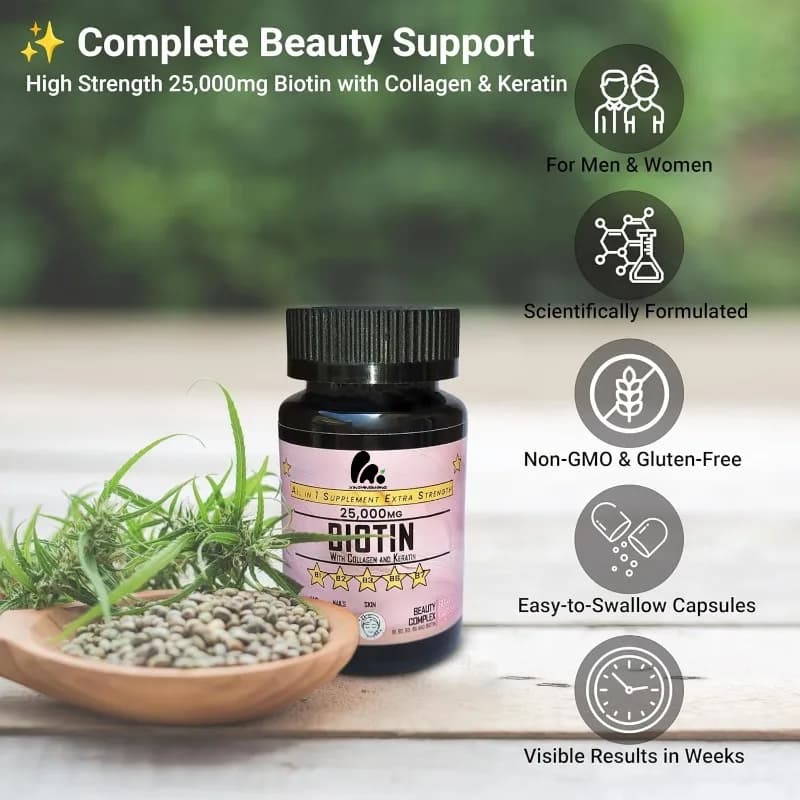 Collagen and Keratin Complex Biotin 25000 Mg Beauty Supplement Containing B Vitamins -60 Vegetarian Capsules