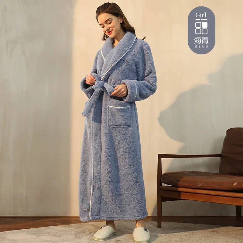 Accappatoio in pile da donna Inverno Solido Manica lunga Coppia Vestaglia Calda flanella Spessa Kimono Tasche Accappatoio per donna