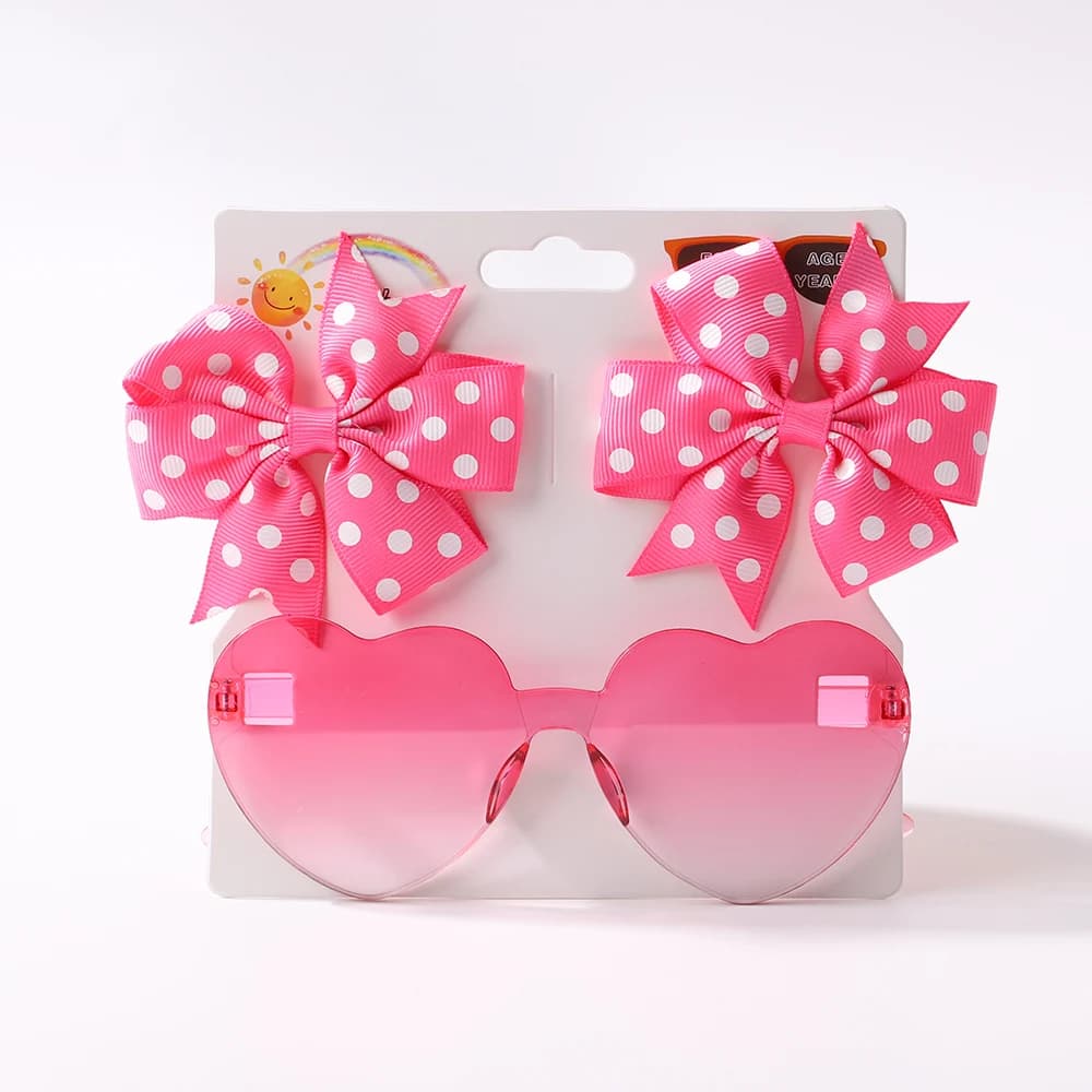 Set di 3 Fermagli per Capelli con Fiocco a Pois, Accessori per Bambine con Occhiali da Sole a Forma di Cuore Colorati