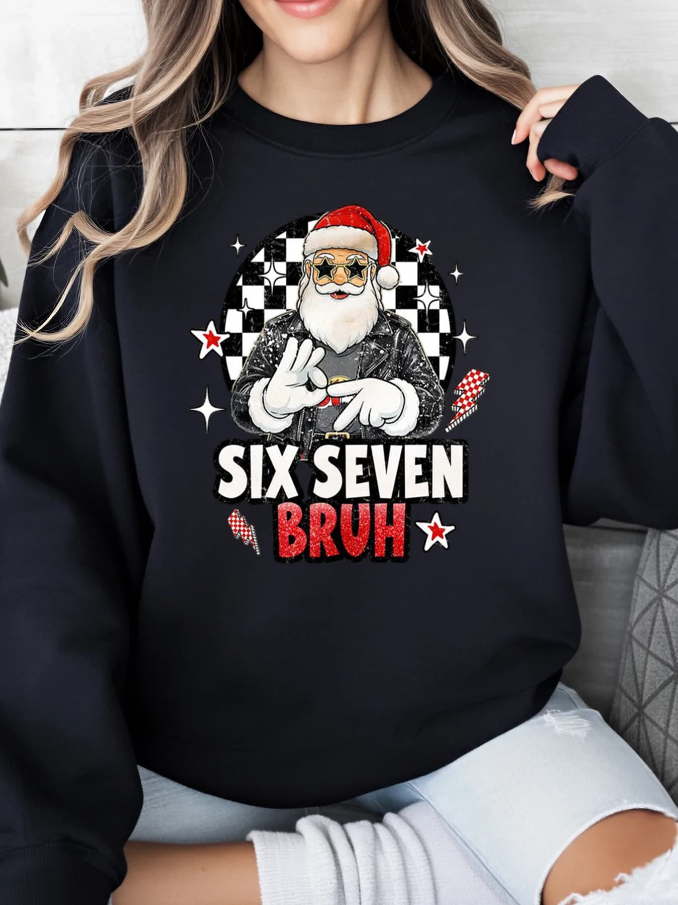 Santa Claus with Sunglasses Six Seven Bruh Women's Christmas Sweat Casual Holiday Clothing Black Plus Sizes