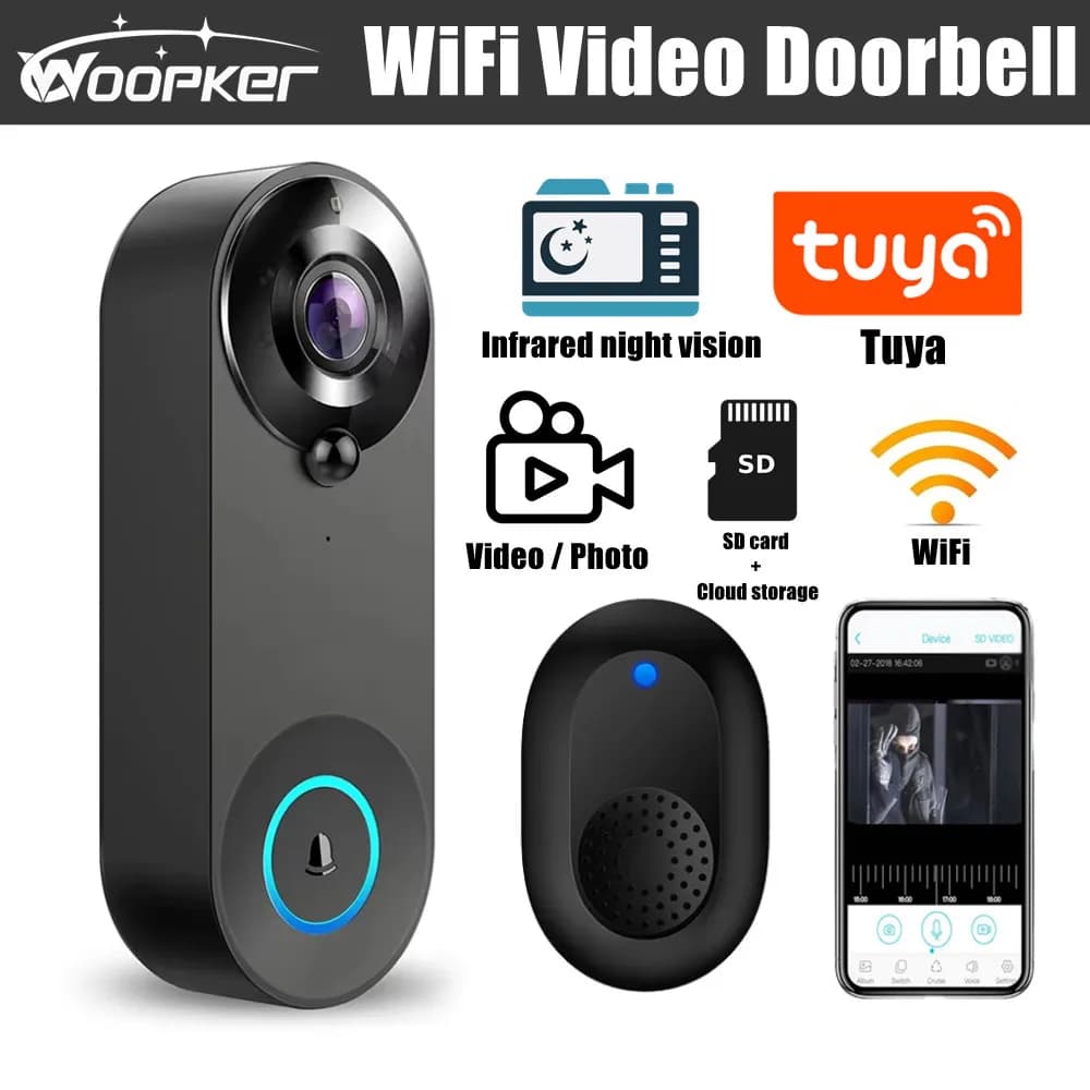 Woopker Videocitofono WiFi Campanello 1080P Tuya Smart Campanello senza fili Visione notturna Sicurezza domestica Rilevazione movimento Porta Telecamera campanello 4400mah