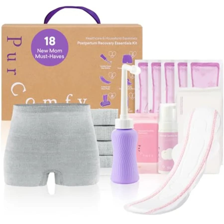 PurComfy Kit Essenziale per il Recupero Post-Parto, 18 Pezzi, Include 5 Mutande Monouso, 24 Assorbenti Perineali, Schiuma per la Cura Perineale