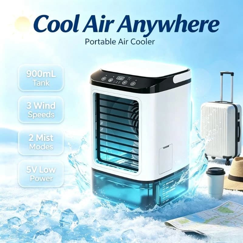 Rechargeable Portable Air Cooler Integrates Humidifier And 3 Speed Control For Bedroom Rest And Outdoor Camping Trips