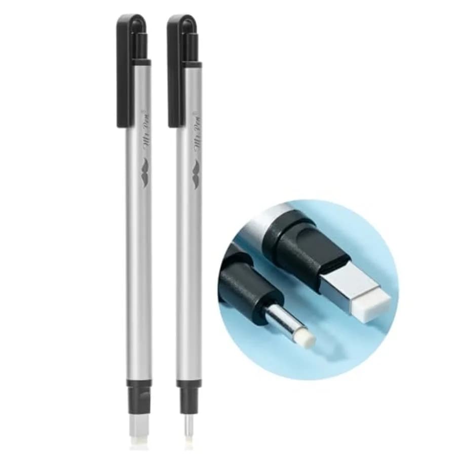- Pen Style Eraser Set, 2 Pack, Square and Round Tip, Precision Pencil Erasers, Retractable Silver Eraser Pens for Drawing, Ske