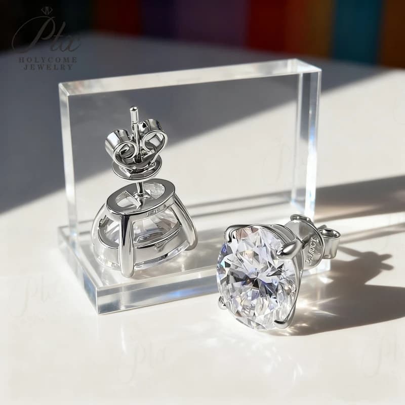 Orecchini a bottone Pietre preziose coltivate in laboratorio Moissanite Forma ovale Argento 925 Ipoallergenico Regali di Natale per il Ringraziamento Non sbiadiscono mai