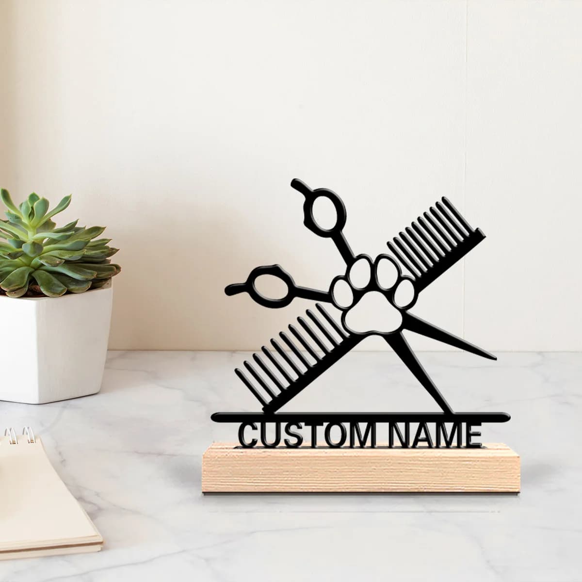 Statua in Metallo Personalizzata per Toelettatura Animali Domestici, Decorazione Moderna con Base in Legno per Ufficio, Soggiorno, Ispirata alla Natura