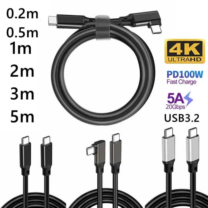 USB3.2 USB C Type C 4K 20Gbps Data Cable PD 100W 5M Quick Charger Angle 90-degree charging cable for Huawei MacBook iPad