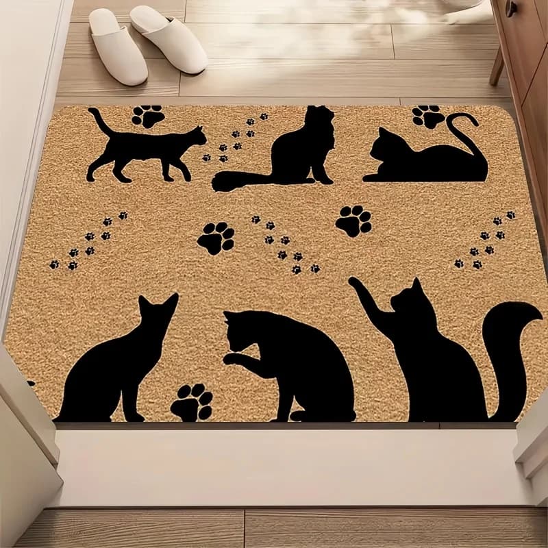 Entrance mat with cat silhouette and footprint - Natural coconut fiber mat for pet lovers, interior/external slide