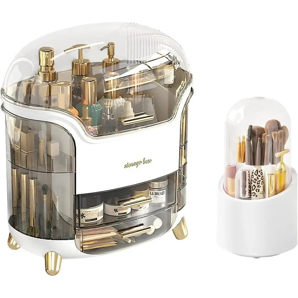 Organizzatore per Trucchi da Toeletta, Organizzatore per Prodotti Skincare, Cassetti Portaoggetti per Cosmetici, Organizzatore con Coperchio, Porta Pennelli da Trucco Rotante