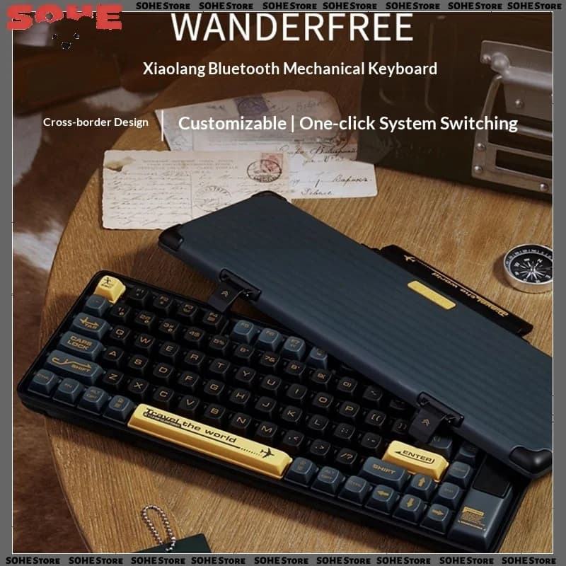 Wanderfree Mechanical Keyboard Bluetooth Wireless Dual Mode Brown Switch Retro Gaming Office Keyboard for PC Laptop Tablet