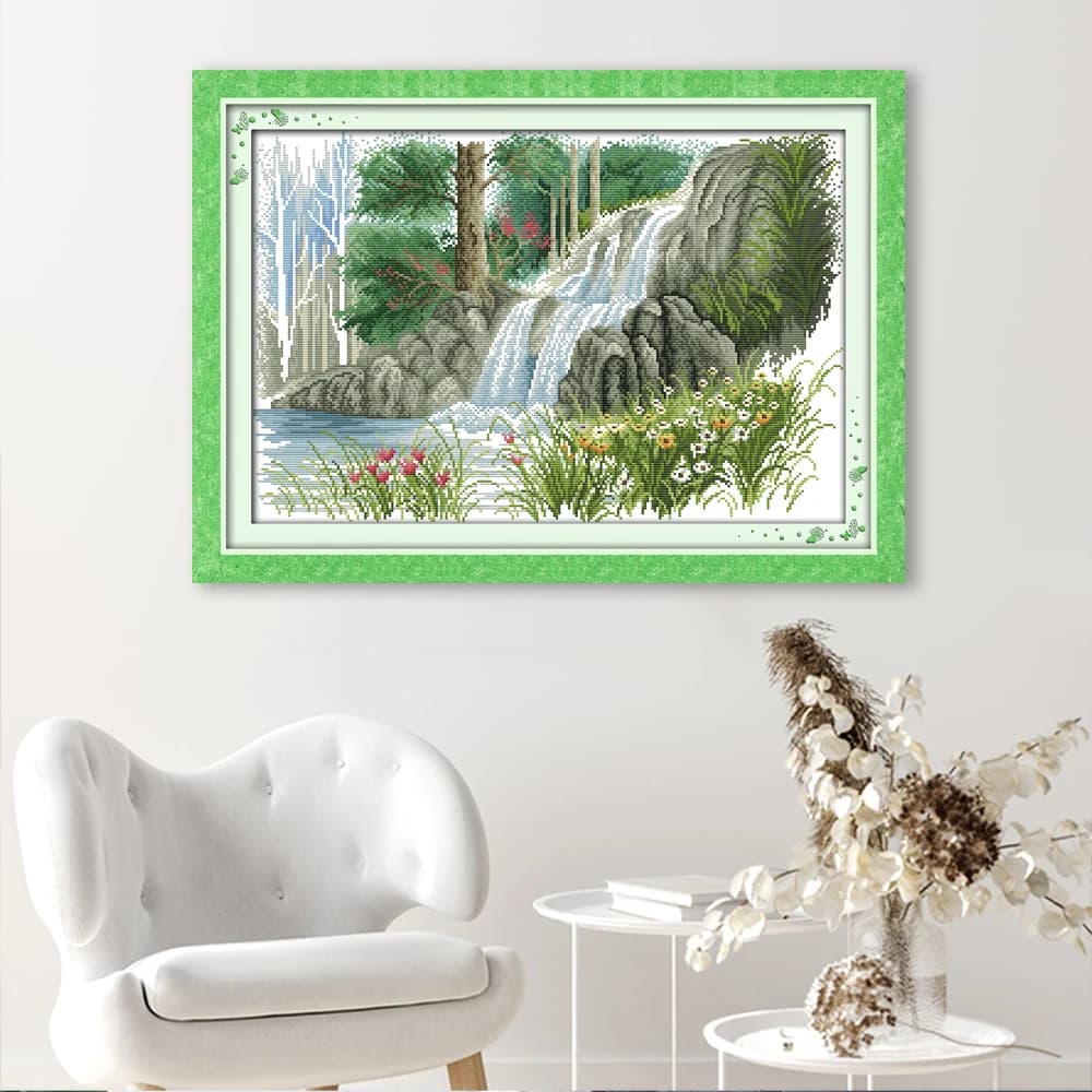 Joy Sunday Cross Stitch Kits Spring Waterfall HD Pattern Counted Printed Fabric Aida 16/14/11CT DIY Embroidery Set Art Crafts