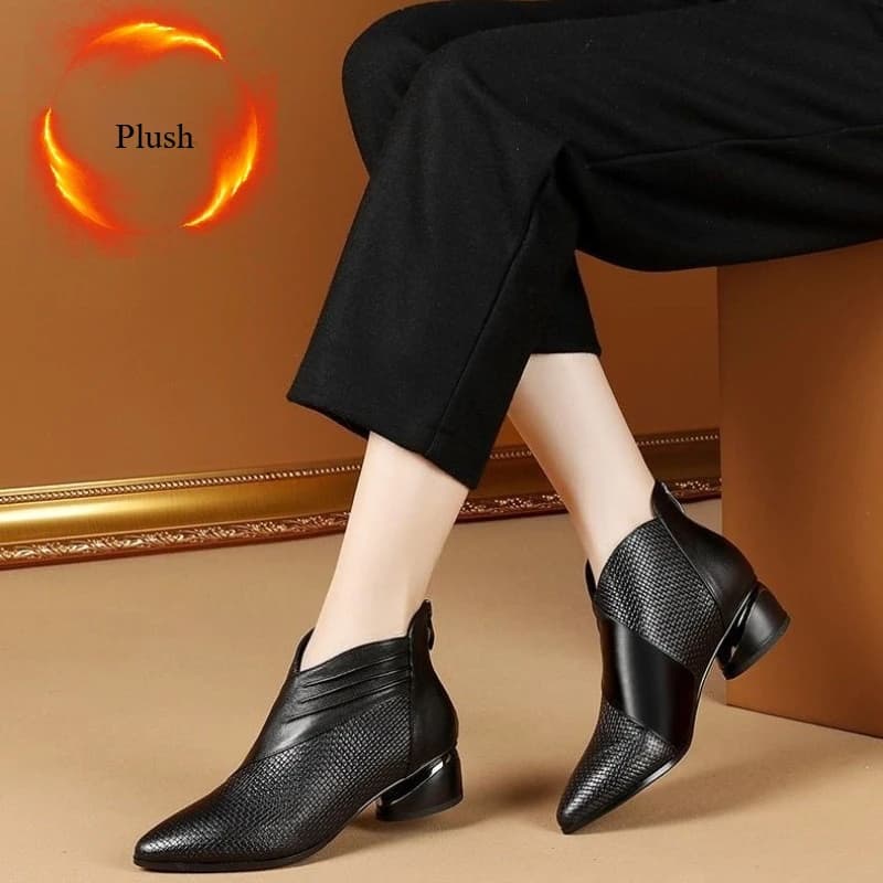 Winter Women's Shoes Plush Zip Womens Ankle Boots Pointed Toe High Heels Fashion Soft Leather Women Boots Low Heels Botas Mujer