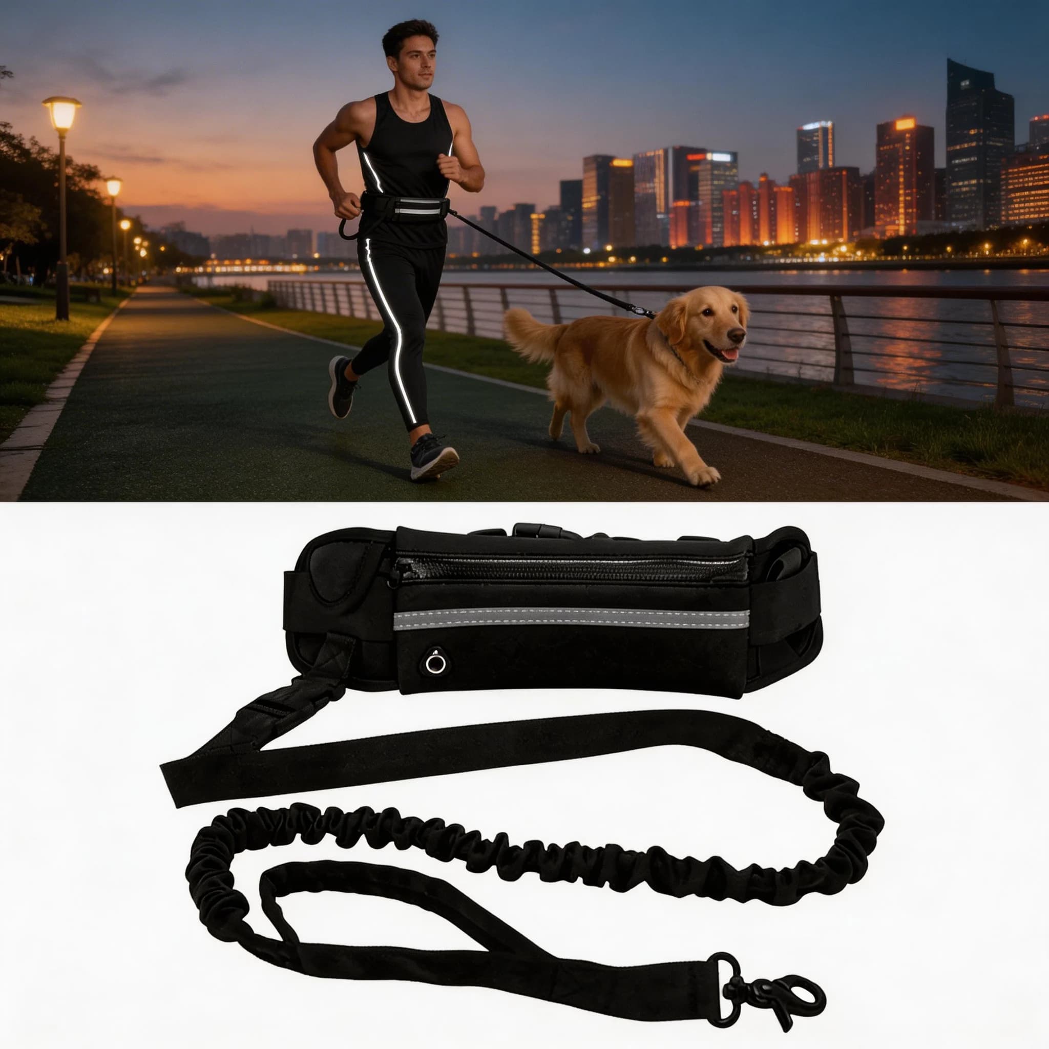 Free Hand Dog Drive with Reflective Belt Bag, Retractable and Elastic for Open Walks, HD Pet Accessories