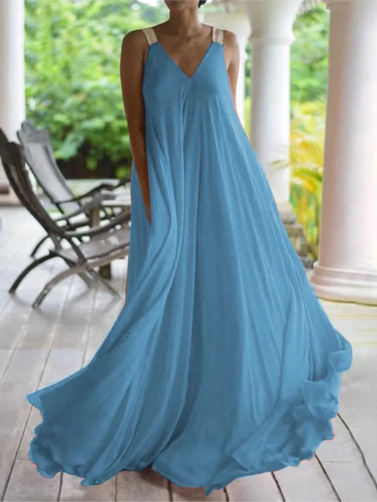 Moda Della Cinghia di Spaghetti Solido Boho Vestito di Estate delle Donne Con Scollo A V Senza Maniche Allentato Maxi Abiti Lunghi Nuovo 2024 Per Le Donne Veste Femme