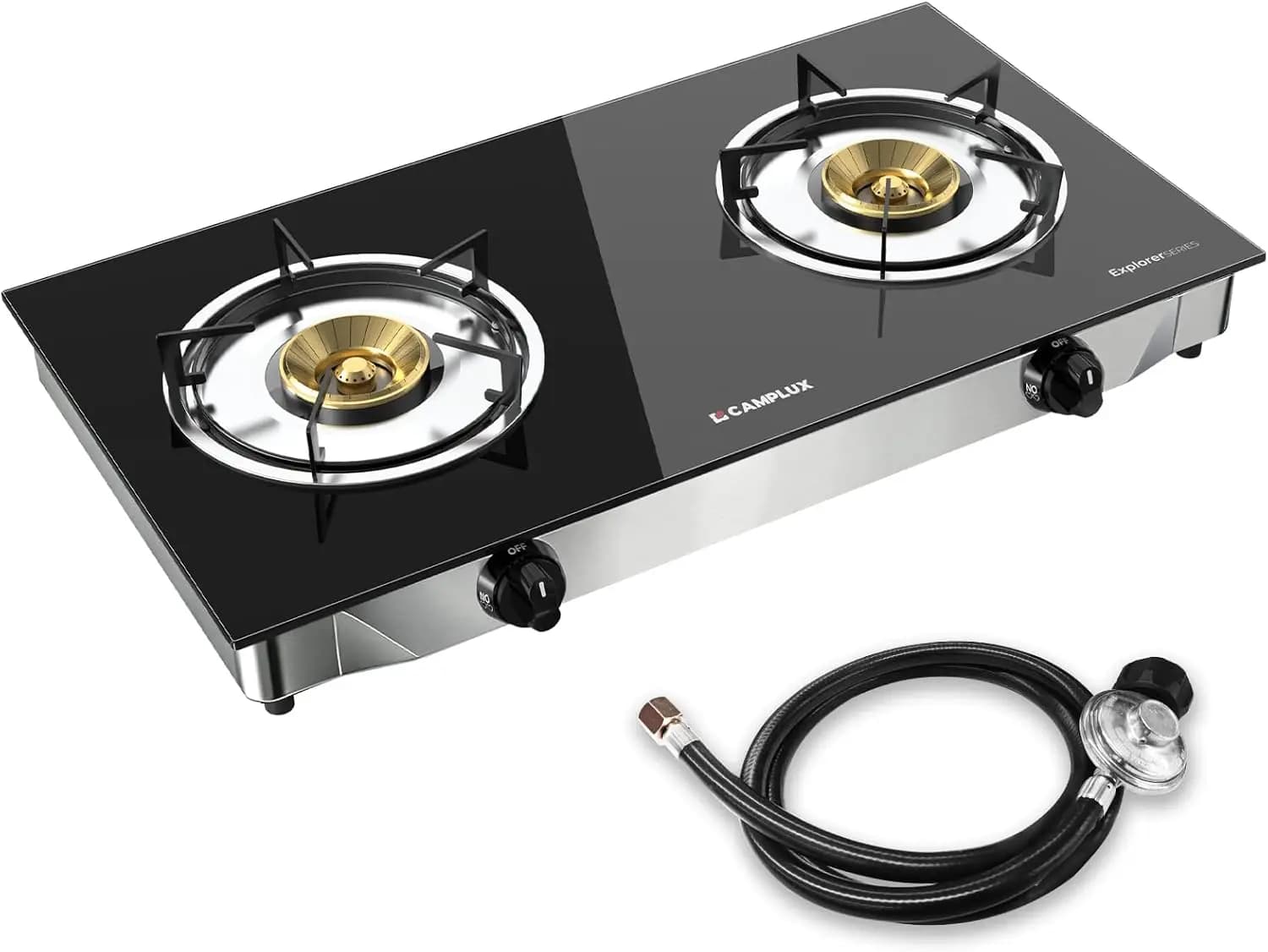 Fornello a Propano a 2 Fuochi 19.000 BTU, Piano Cottura Portatile a Gas per Campeggio, Regolatore CSA e Tubo Inclusi, Piano in Vetro Temperato