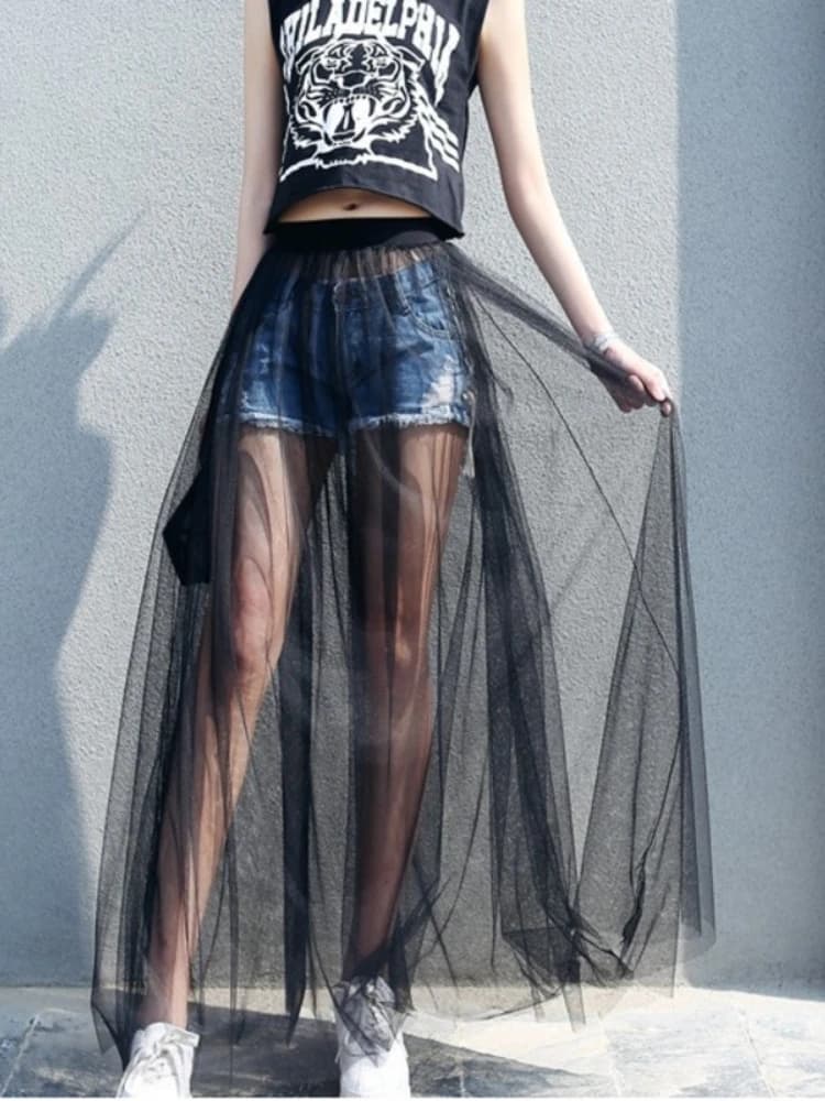 2024 gonna lunga estiva in pizzo donna nero bianco maglia voile gonne casual vita bassa Bohemian sexy trasparente maxi usura