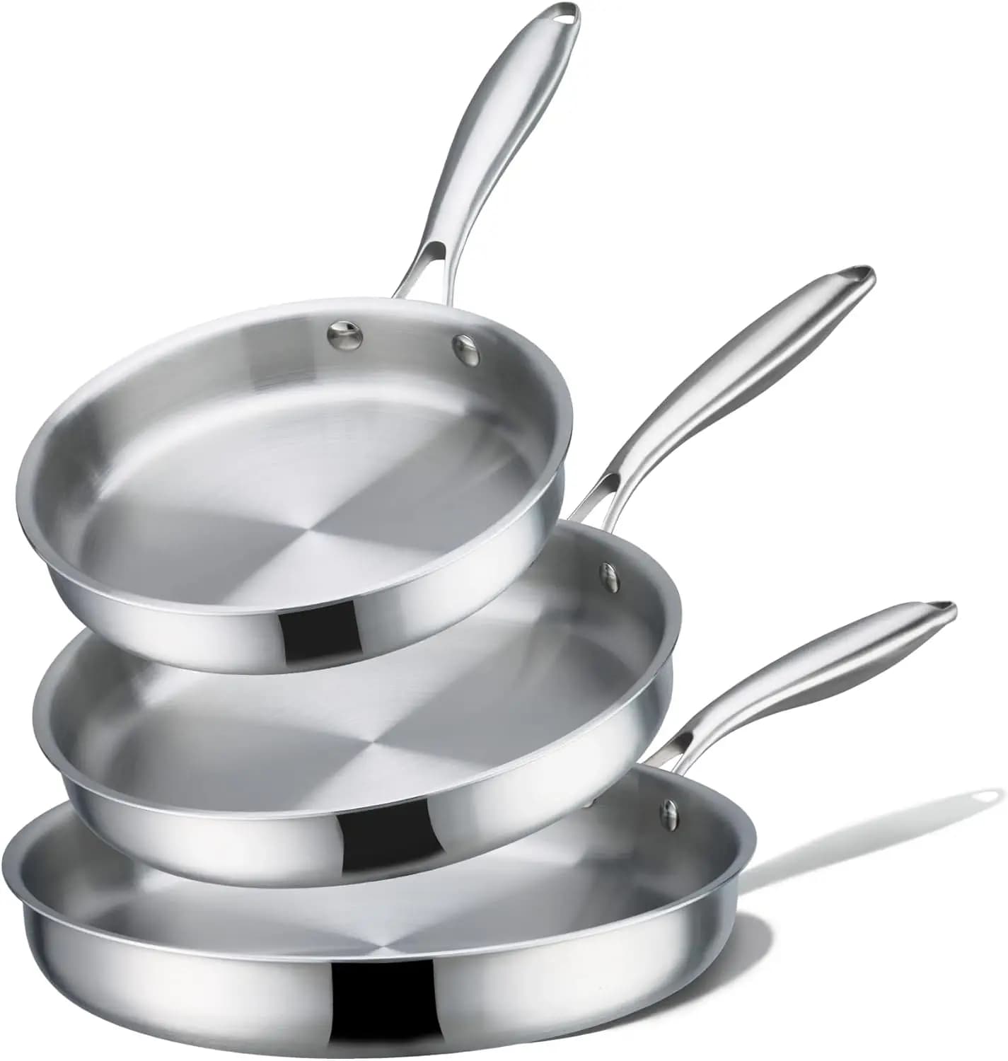 Set di Padelle in Acciaio Inox Tri-Ply, Set di 3 Pezzi 8/10/12 Pollici, Compatibili con Induzione, Adatte per Forno e Lavastoviglie