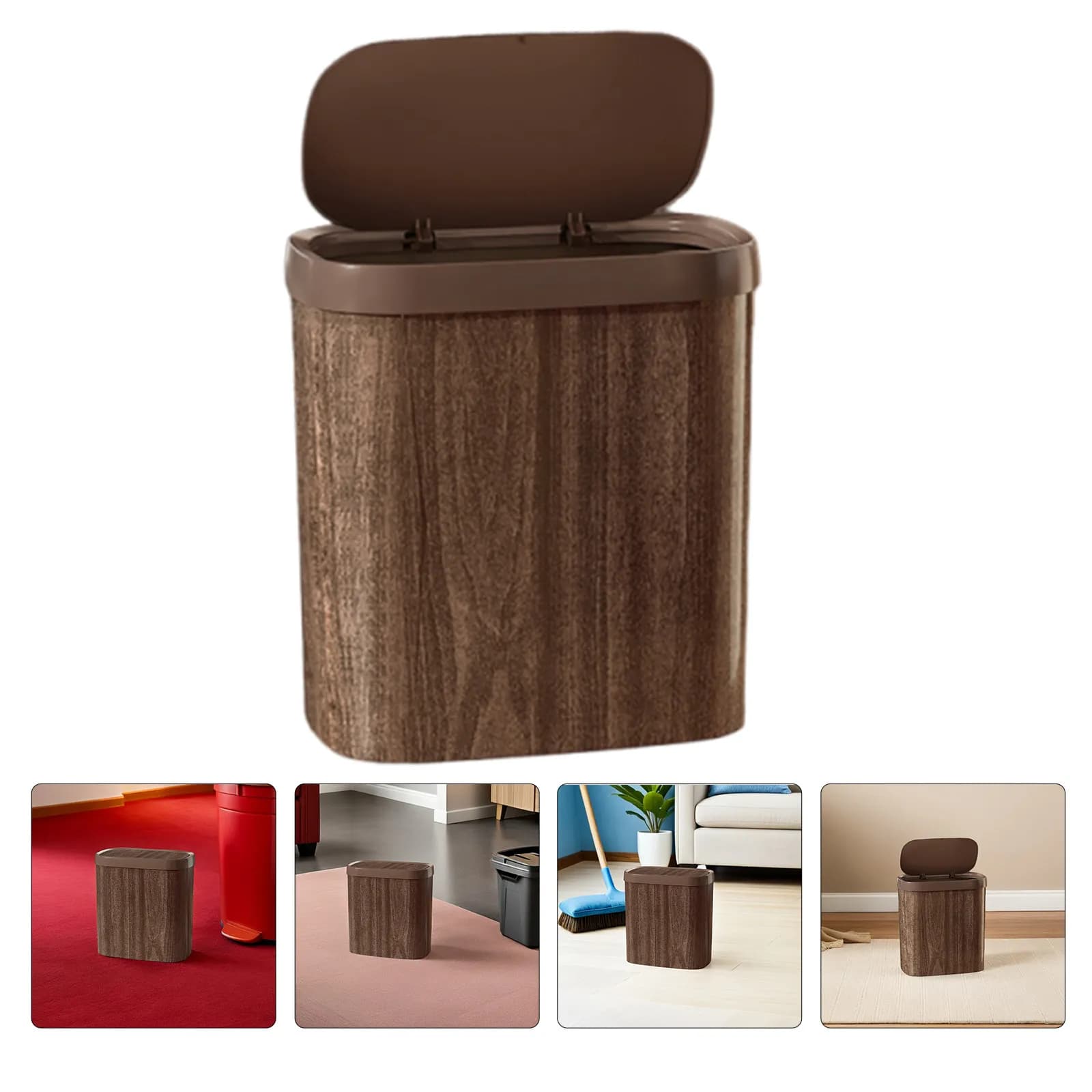 Narrow Slim Wood Grain Trash Can Lid Compact Garbage Bin Bathroom Kitchen Bedroom Office Small Plastic Wastebasket 9L