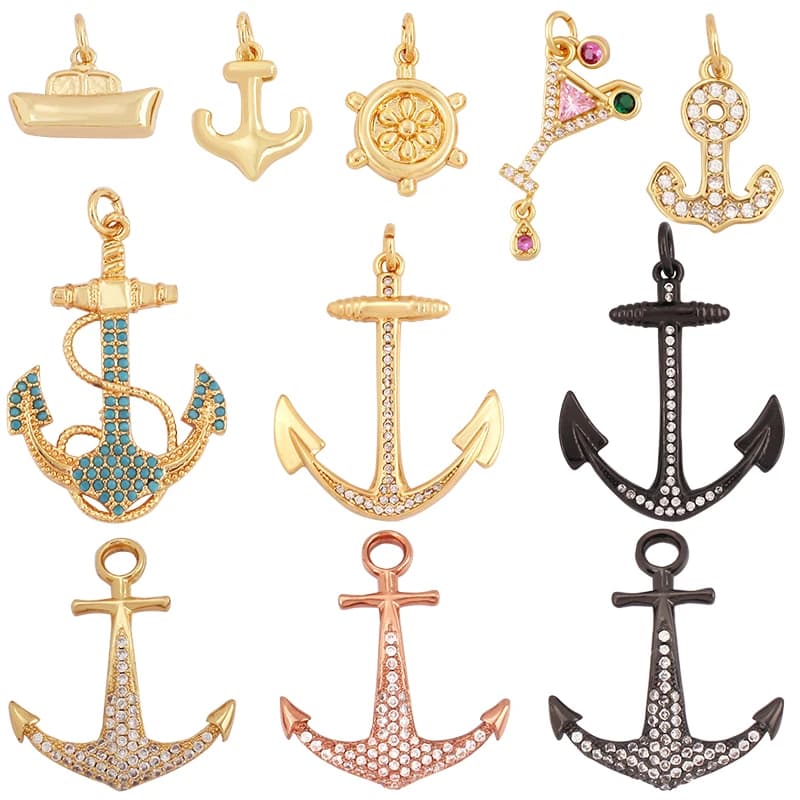 Trendy Ocean Sea River Boat Anchor Boat timone Charm Pendant,18K placcato oro zircone risultati dei monili accessori forniture P02