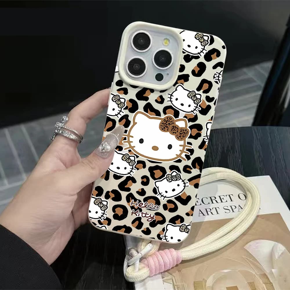 Phone case with cord and brown leopardata print Hello Kitty and literal pattern for iPhone 17 Air 16 15 14 13 12 11 Pro Max XS XR 7 8