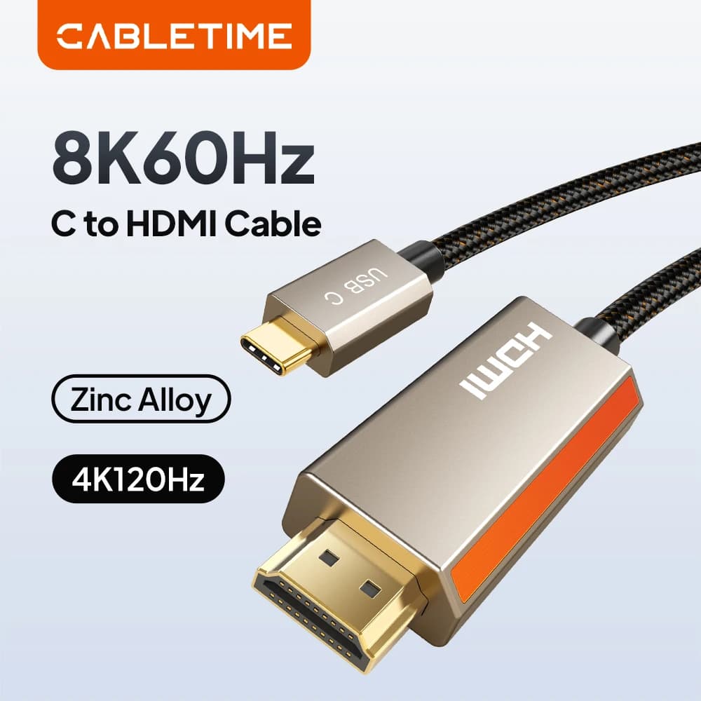 USB-C cable to HDMI CABLETIME 8K 60Hz 4K 144Hz HDR 10 in zinc alloy, Type-C cable for Samsung Huawei Laptop iPhone 17 16