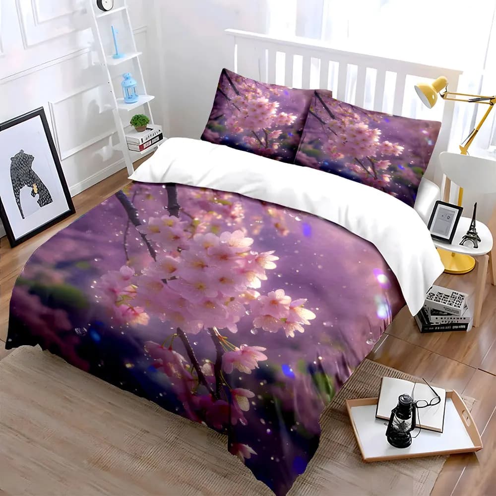 3Pcs Sparkling Cherry Blossom Bedding Set, Dewy Pink Sakura Print Duvet Cover + 2 Pillowcases, Romantic Floral, gift for family