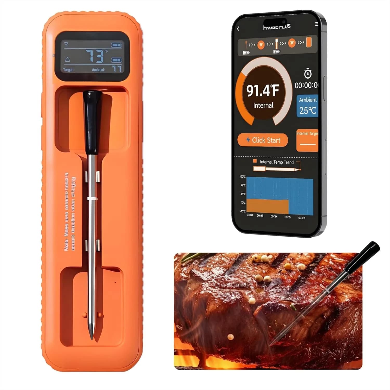 Termometro per Carne Wireless con Controllo App Bluetooth, Sonda Ricaricabile per Barbecue e Forno