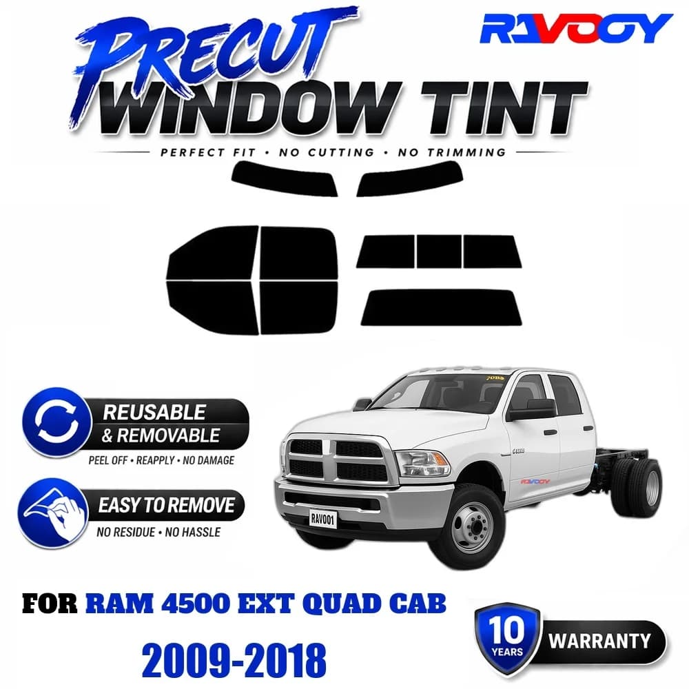 RAVOOY Precut Window Tint, Reusable Removable EPU Film, Custom Fit for Ram 4500 Ext Quad Cab 2009-2018, UV Heat Protection