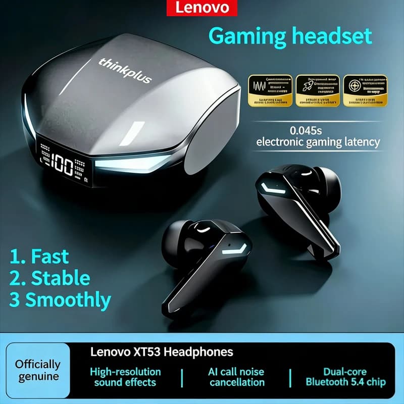 Auricolari Bluetooth V5.4 Lenovo XT53 con Display LED Digitale, Audio Stereo, Chiamate HD e Bassa Latenza per Gaming