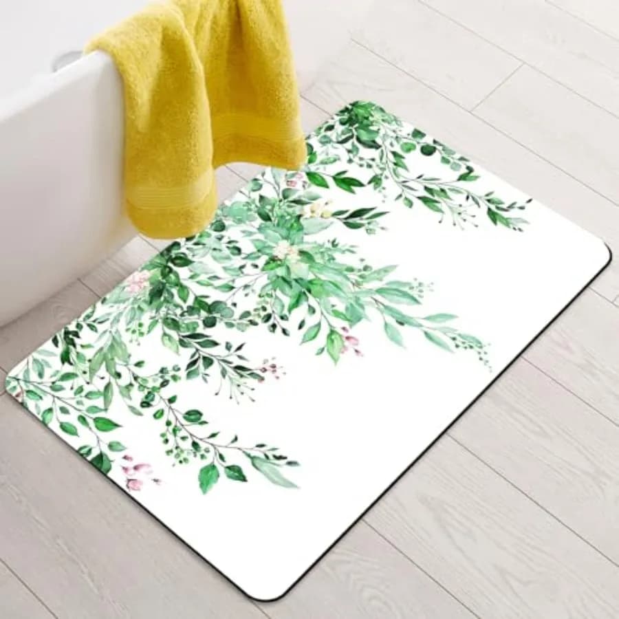 Super Absorbent Bath Mat Rug, Eucalyptus Leaves Bath Mat Fit Under Door Quick Dry Thin Bathroom Rugs Non Slip Rubber Backed Sho