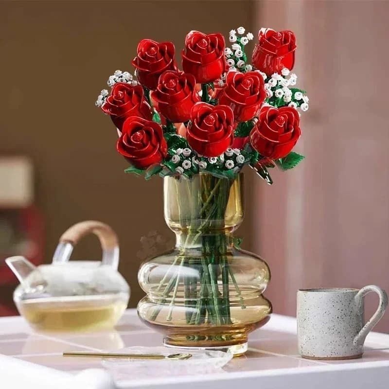 Romantico bouquet di fiori di rosa blocchi di costruzione creativo casa scrivania decorazione di piante assemblare giocattoli di mattoni per regali ragazze signora