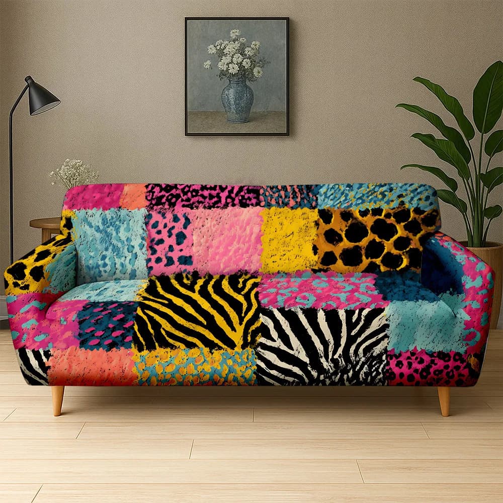 Copridivano Elasticizzato con Stampa Animalier Patchwork Colorata, Rivestimento Lavabile e Rimovibile per Arredamento Boho Audace