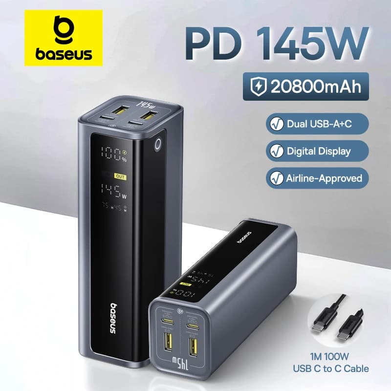 Baseus 145W Power Bank 20800mAh Dual USB To USB C PD 100W Quick Charge Digital Display PowerBank Portable Phone Steam