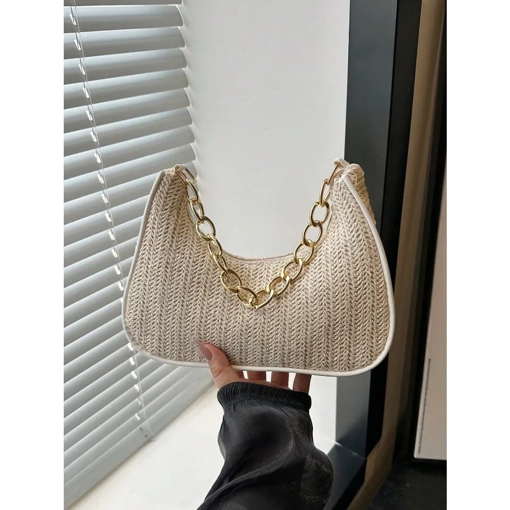 Borsa a mezzaluna in paglia alla moda con catena in metallo tinta unita, Borsa da donna multiuso, Pochette, Borsa da spiaggia, Borsa casual in paglia, Porta cellulare