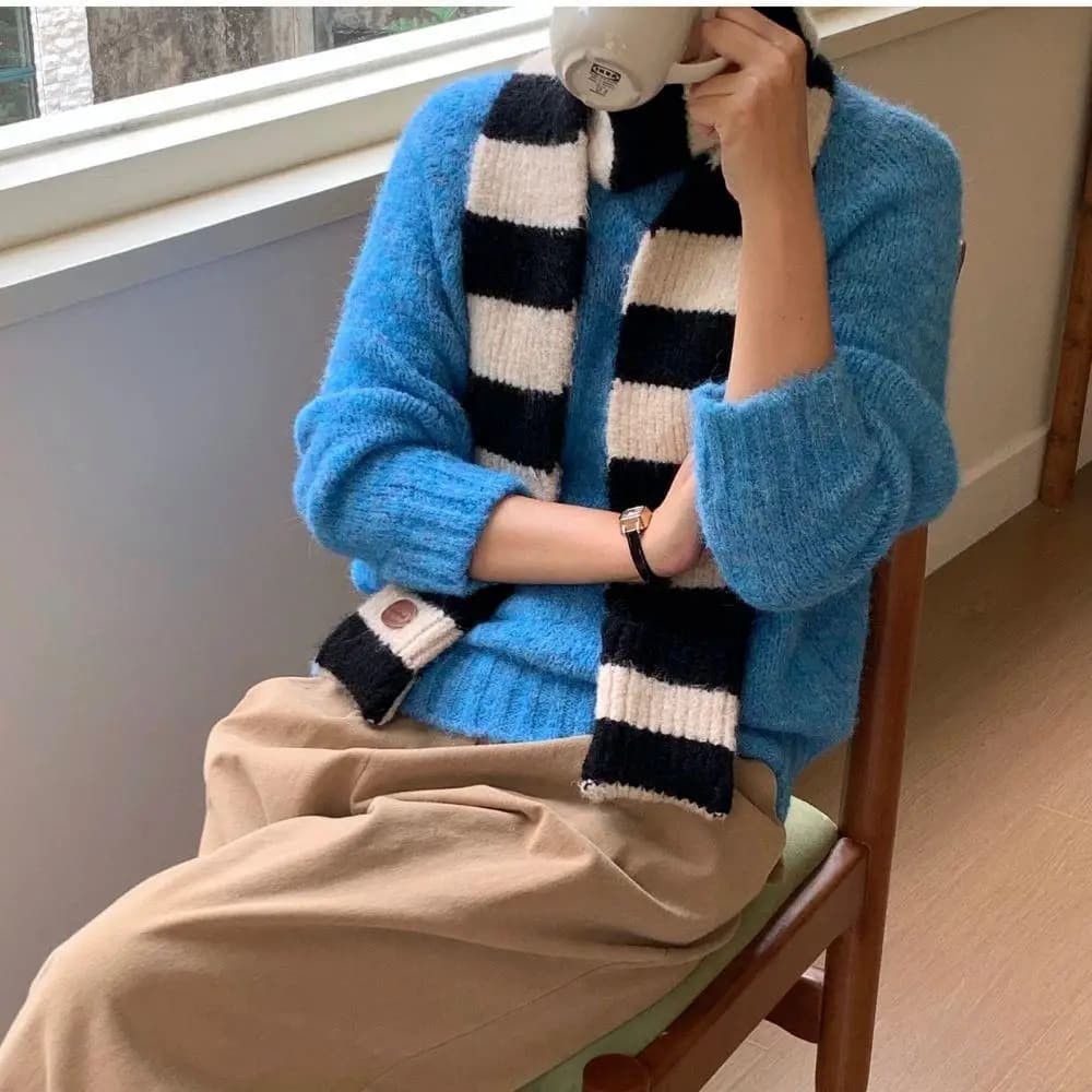 Black And White Striped Scarf Women In Winter Colour Blocking Stripes Long Narrow Harajuku Scarf Students Knitted Neck Warmer