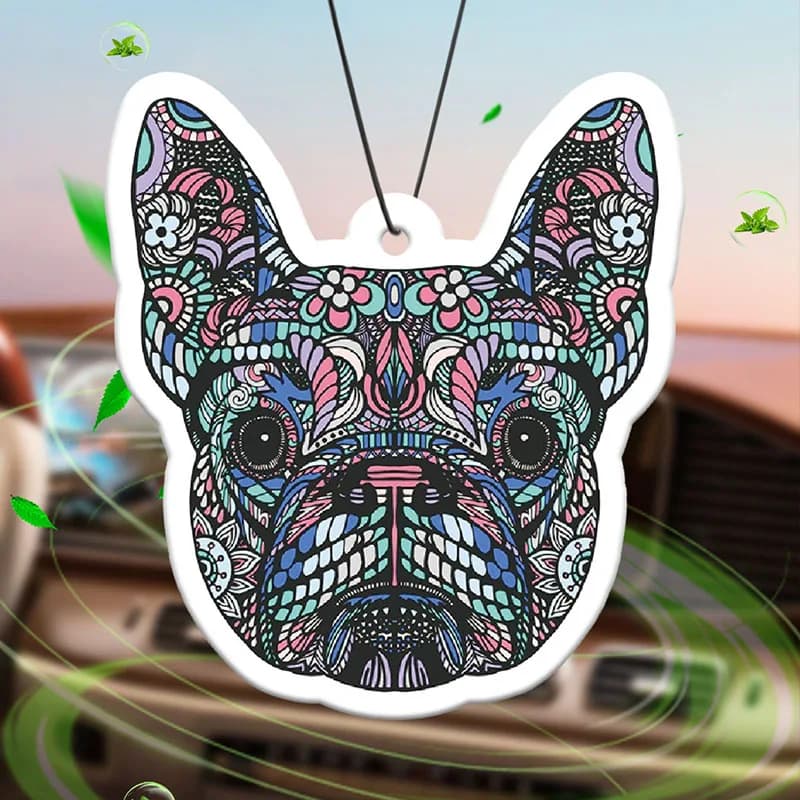 Deodorant for cars with scent of Bahamian sea breeze French Bulldog (Romantic flavor). | Rearview mirror pendant and double-purpose blur clip | Aromatherapy tablets in natural material | Durable fragrance for 90 days | Non-alcoholic | Not afraid of sun | Designed specifically to deodorate cars, cabinets and bathrooms. | Cartoon animation model | Unisex | Luxury fragrance | Five-star hotel Same style Sea
