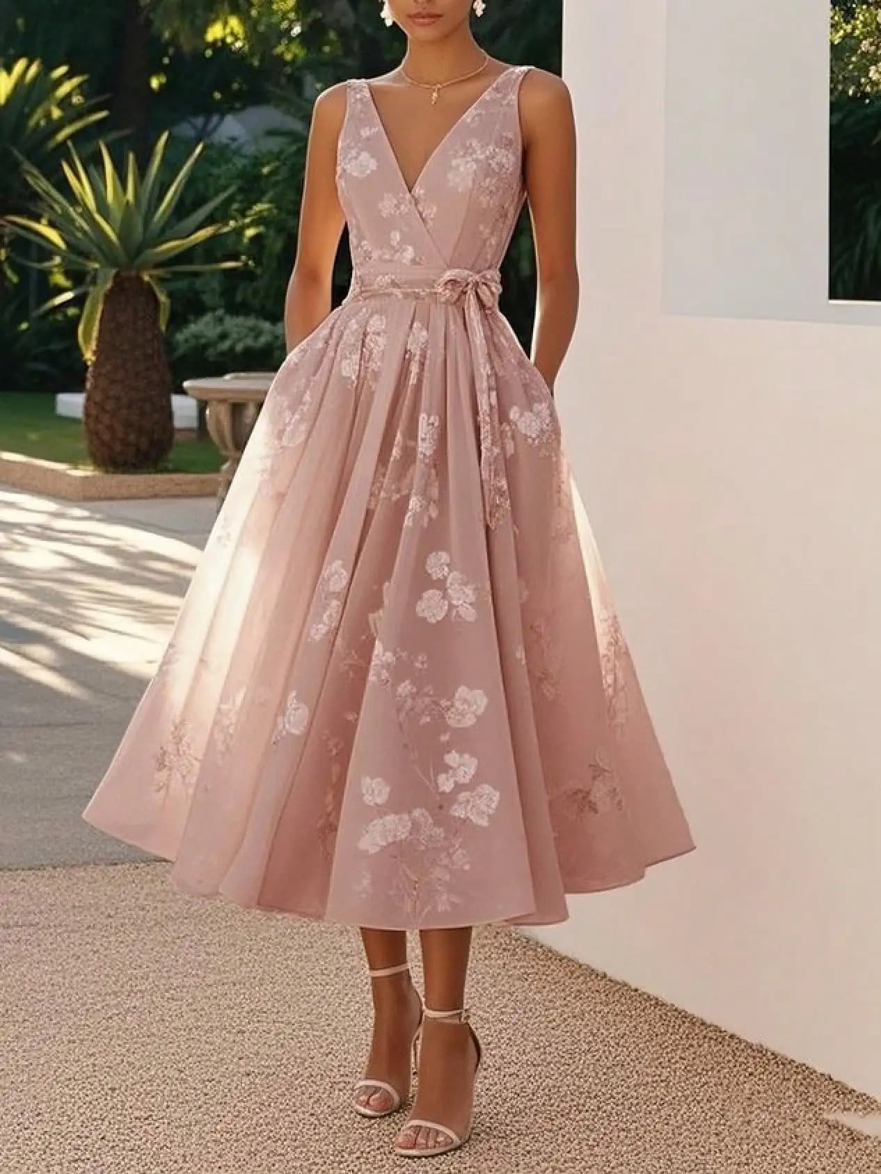 Abito midi in pizzo floreale rosa cipria, abito formale a trapezio senza maniche con scollo a V e cintura per invitati a matrimoni
