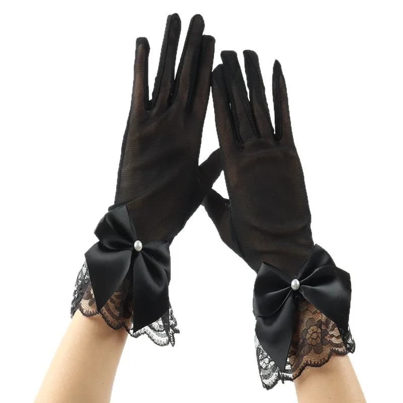 Guanti da Sposa in Rete Trasparente Nera con Fiocco in Raso e Bordo in Pizzo con Perle, Guanti da Sposa per Abito Nuziale, Feste ed Eventi Formali