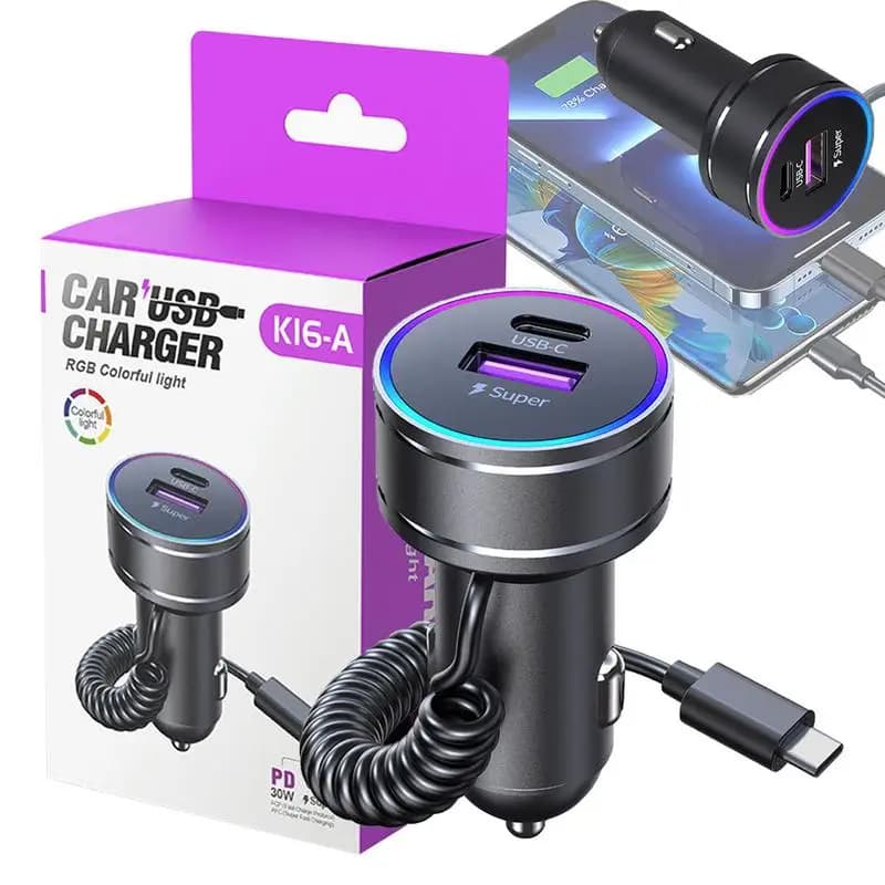 Adattatore per caricabatteria per auto Blocco adattatore di tipo C PD 30W a ricarica rapida con design per visione notturna Accessori per telefoni cellulari per auto SUV Auto