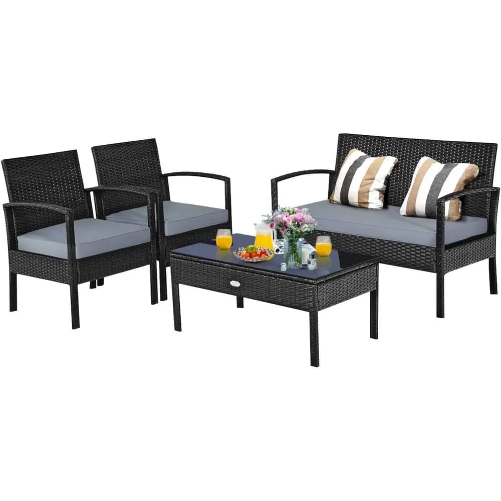 Set di Mobili da Esterno in Vimini a 4 Pezzi con Sedie in Rattan, Tavolo e Cuscini Lavabili per Balcone o Giardino (Nero)