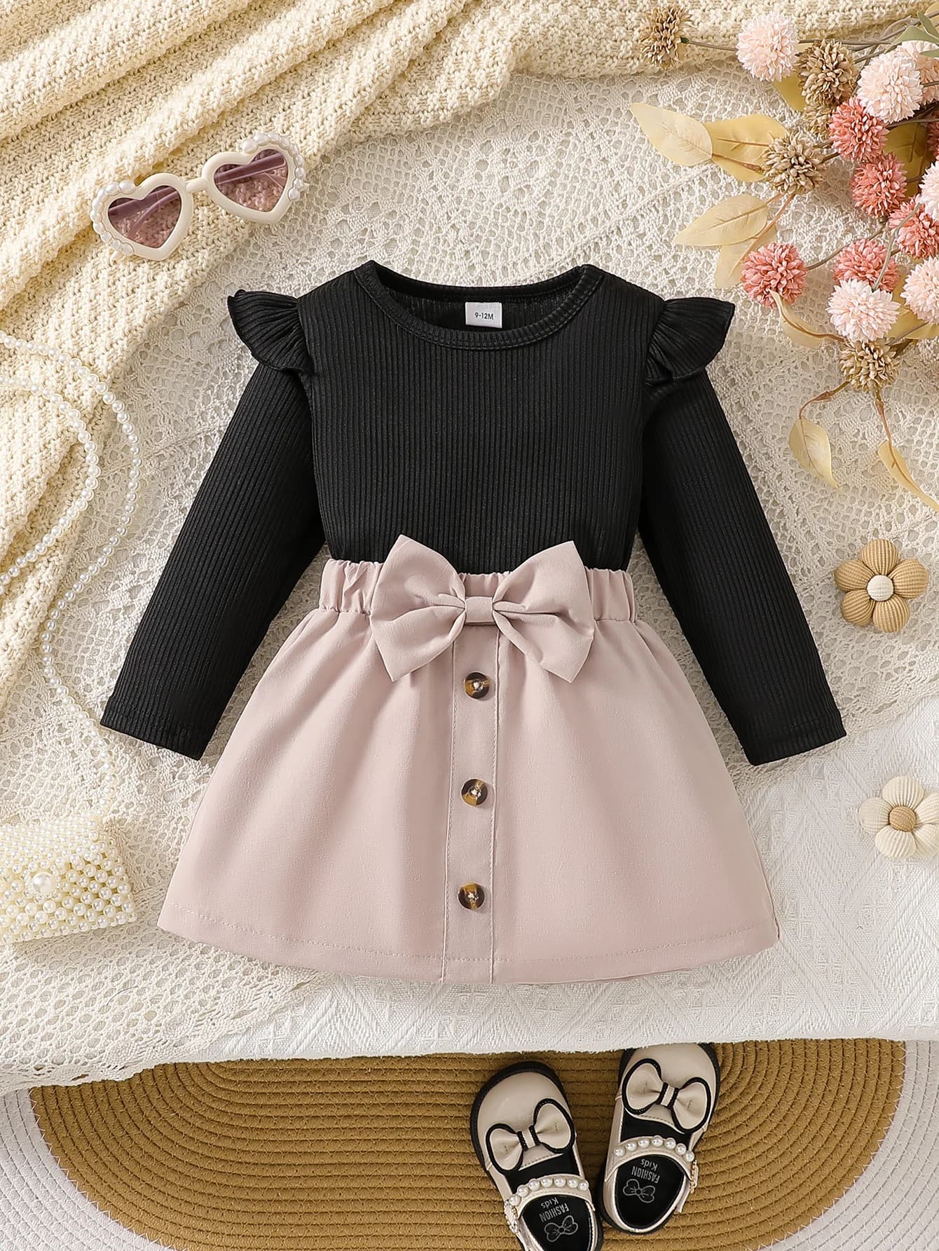 Baby girl autumn cute black pink ruffle edge dress with bow tie, waist cinched, going out for fun and party dressing