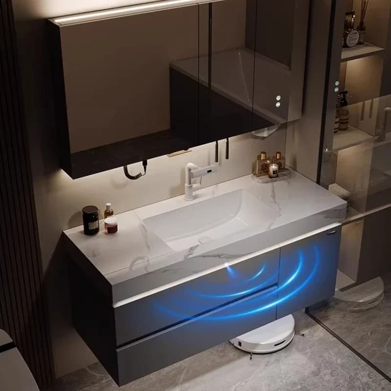 Mobiletto organizer modulare per bagno con lavabo in ceramica integrato senza giunture