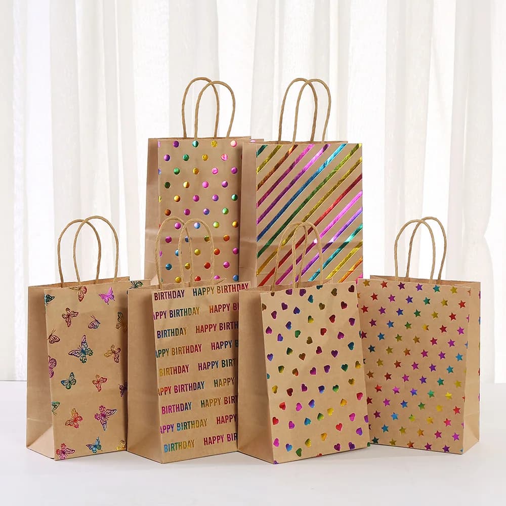 30pcs Stripe Kraft Paper Gift Bag Dot Butterfly Wedding Baby Shower Christmas New Year Birthday Party Gift Packing Hand Bag