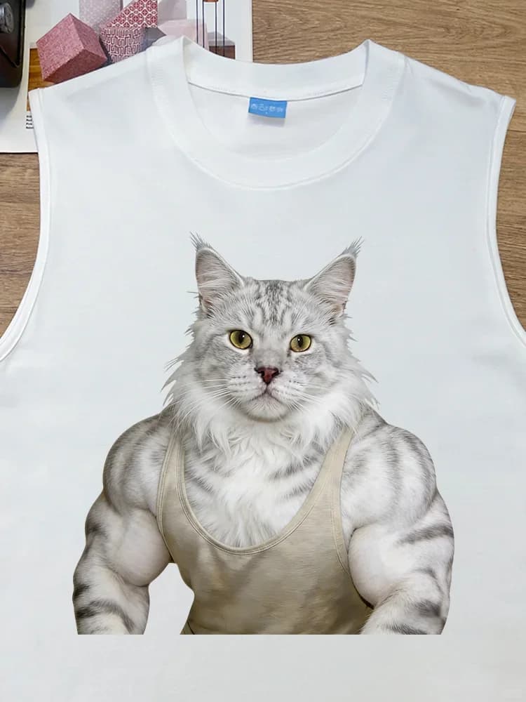 Men's Cotton Fitness Tank Top Breathable Muscle Sportswear Cute Maine Coon Design Casual round Neck Print T-Shirt