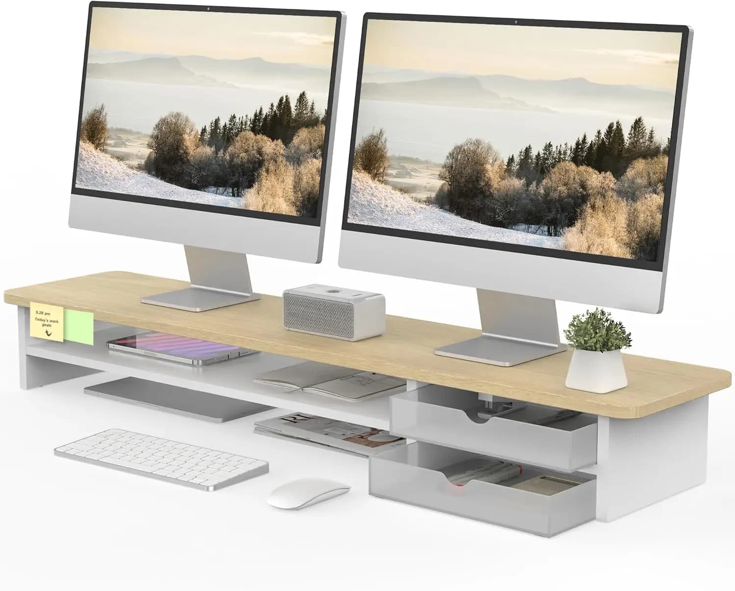 Support for Double Monitor 42.5 Inch with Drawer, Desk Organizer in Wood and Acrylic for Computer and TV