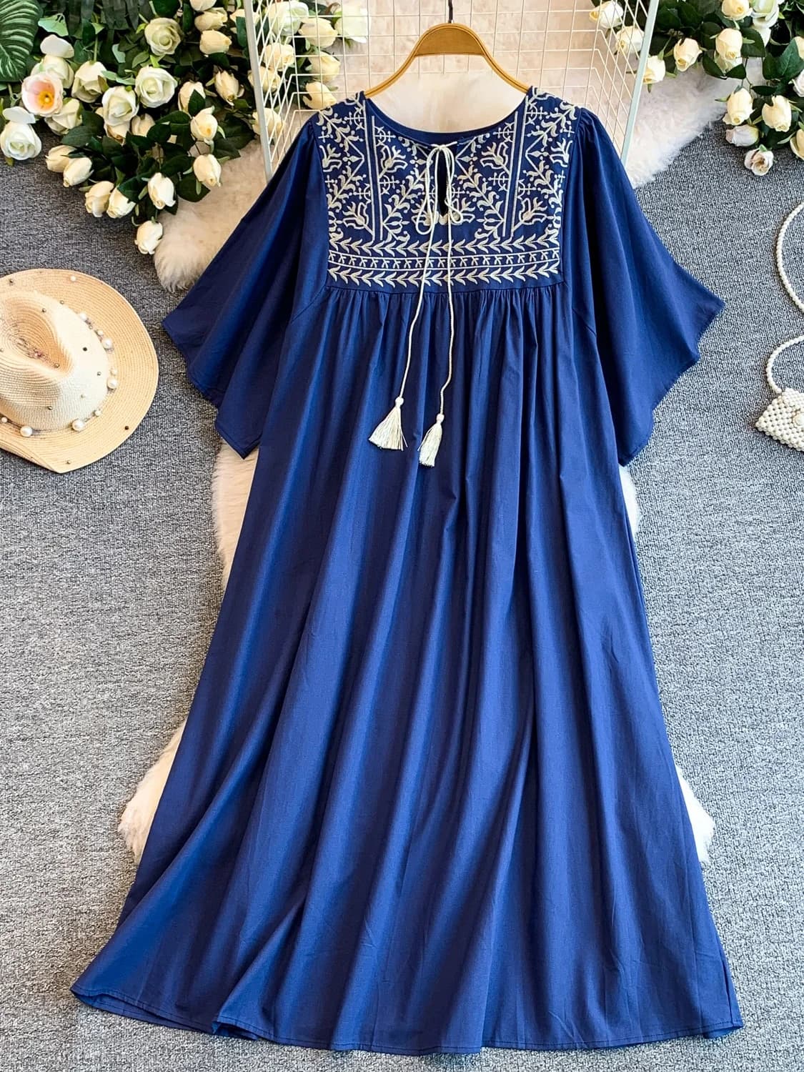 Embroidered Bell Sleeve Dress Women Summer Loose Concealing Design Ethnic Retro Long Dress round Neck Tied Waist A-Line Skirt