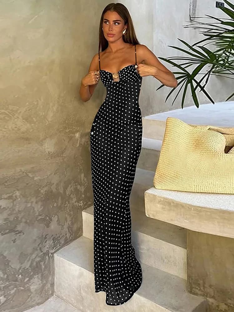 Trendix Women Slim Polka Dot Dress Summer High Waist Off Shoulder Maxi Dresses Femme Party Club Sexy Backless Beach Sundress