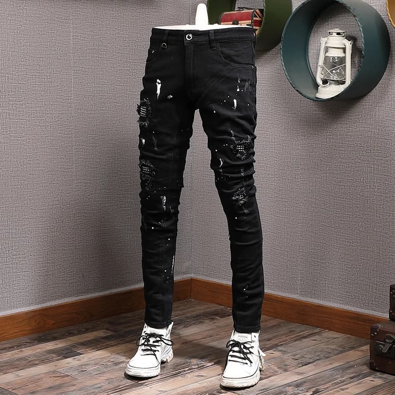 Streetwear moda uomo Jeans colore nero Stretch elastico Slim Fit Jeans strappati dipinti uomo Patch Designer pantaloni Hip Hop Hombre